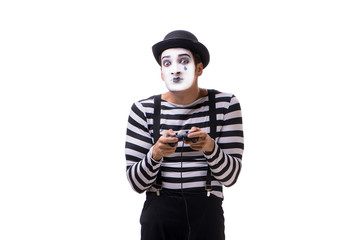 Mime with joystick isolated on white background 