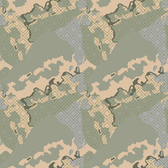Military camouflage seamless pattern in green, beige and grey colors