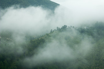Fototapeta premium village on the green mountain hill in the fog