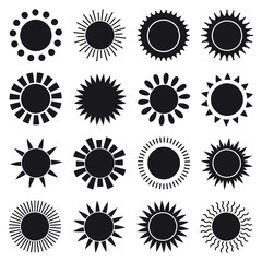 Simple Sun Icons. Sign and Symbol. Black Silhouette.