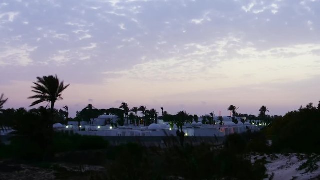 Timelapse beautiful sky and palm trees during evening sunset in summer city