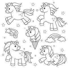 Set of cute cartoon unicorns. Black  and white vector illustration for coloring book