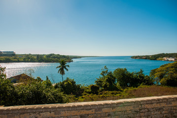 Beautiful top view of the Bay from the fortress walls. Fortress Fortaleza de Jagua. Cuba, Cienfuegos.