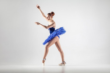 Young beautiful ballerina with bun collected hair wearing blue dress and pointe shoes dancing...