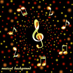 Golden treble clef and musical notes on a background of bright confetti