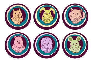Obraz premium Cute animals showing fuck you, hand gesture vector illustration. Gesture finger hand middle sign in circles