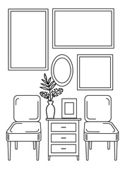 Contour image of furniture and empty frames on the wall.