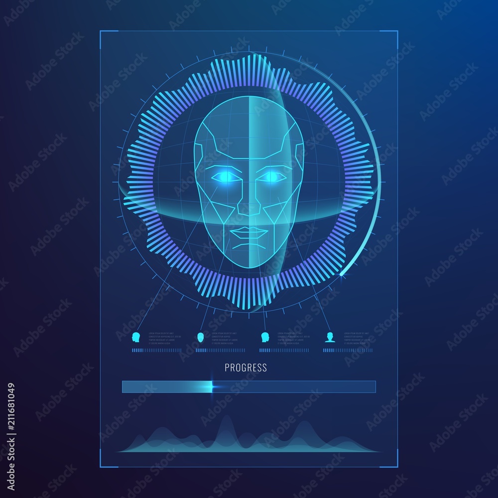 Poster face digital recognition, id faces biometric scanning to safe access abstract vector futuristic back