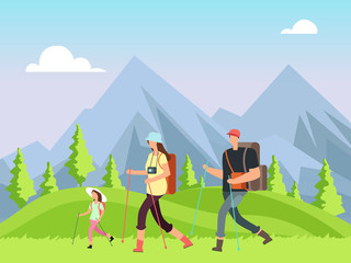 Obraz na płótnie Canvas Hiking family in nature. Trekking man, woman and children with outdoor mountain landscape. Summer adventure vector background