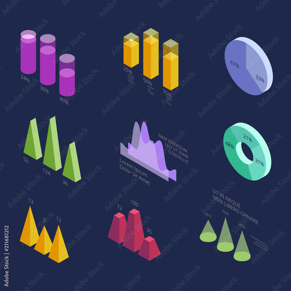 Poster isometric 3d business statistics data charts, percentage diagrams for modern presentation. vector in