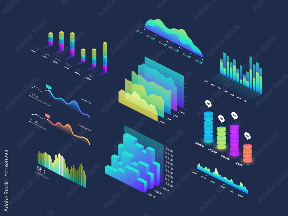 Poster future tech 3d isometric data finance graphic, business charts, analysis and plan binary indicators 