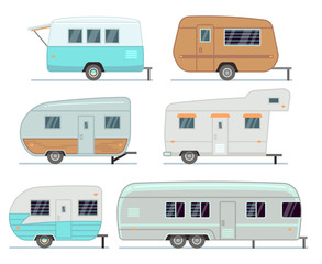 Rv camping trailers, travel mobile home, caravan vector set isolated - obrazy, fototapety, plakaty