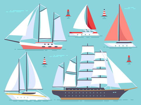 Transportation sailboats, yacht, sailing cruise ship. Sea and ocean vessel isolated vector set