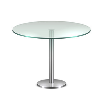 Empty Glass Round Office Table With Metal Stand Isolated On White Background. Vector Template For Coffee House Interior