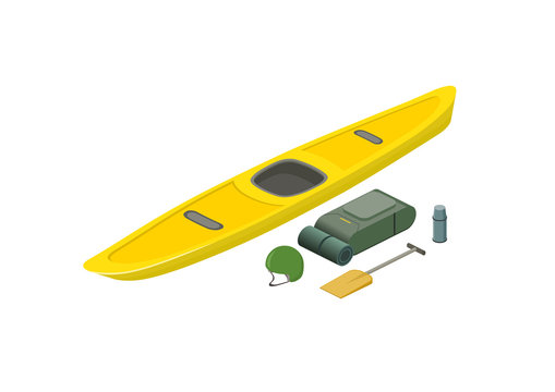 Rafting boat with equipment isometric view. Kayak, oar, bagpack, helmet, thermos isolated on white background. Vector illustration.