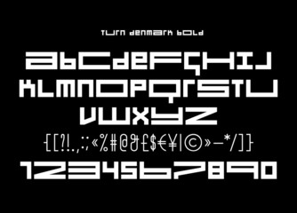Square block geometric banner tape font, latin letters and numerals, simple modern blackletter display type that works for game screens and music bands covers, posters, prints, labels and packaging