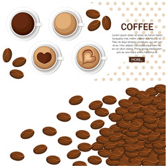 A bunch of coffee beans. Flat style design. Roasted coffee beans and coffee cup with heart shape. Vector illustration on white background. Concept design for website or advertising
