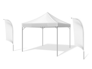 Empty white outdoor event tent with flying beach material flags vector illustration isolated on white background © MicroOne