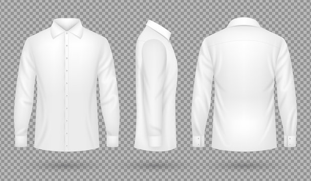 White blank male shirt with long sleeves in front, side, back views. Realistic vector template isolated