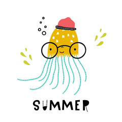 Summer - Cute hand drawn nursery poster with cool jellyfish in hat and glasses with hand drawn lettering.