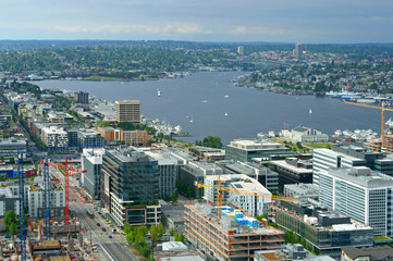 Lake Union, freshwater lake. Growing commercial district at south end of lake. Seattle, WA, United States
