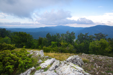 Panorama of Blue stones national park in Sliven, Bulgaria. Cloudly sky