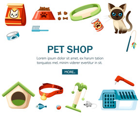 Pet care accessory. Pet shop decorative icons. Accessory for cats. Flat vector illustration on white background. Concept design for website or advertising
