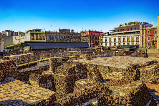 Mexico. The City of Mexico (CDMX). The ruins of the Templo Mayor (UNESCO World Heritage Site)