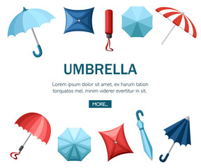 Collection of umbrellas. Flat style design. Umbrellas in various positions. Parasol opened and taken down. Flat vector illustration on white background. Concept design for website or advertising
