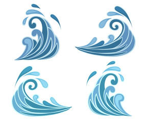 Waveform icons set. Flat blue water waves, splatters, curves. Ocean environment elements design. Vector illustration isolated on white background