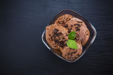 Scoops chocolate ice cream in glass bowl