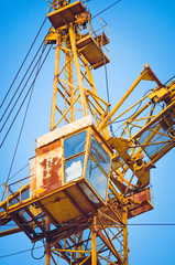 The cockpit of a construction crane, close-up.