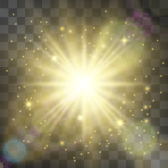 Glowing vector golden light effect, star with galactic dust, sun flares and nebula warm halo. Sheeny design details on transparent background. Decorative flamboyant element. © Manon Labe