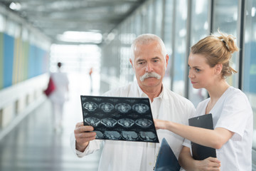 concentrated doctors checking x-ray while standing at hospital