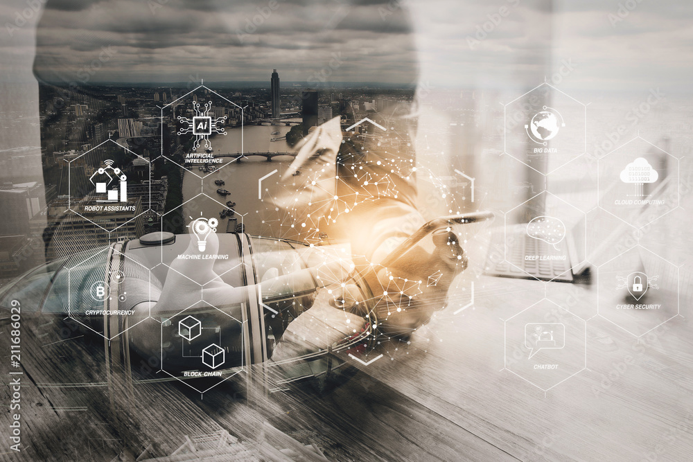 Poster double exposure,businessman working with new start up project.using smart phone digital tablet docki