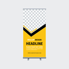 Black and yellow banner design. Roll up banner template. Brochure design. Horizontal banner. Vector illustration. Abstract banner design. Creative brochure