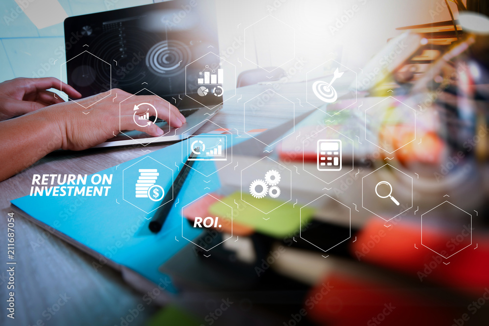 Aufkleber business documents on office table with smart phone and digital tablet and graph business with social network diagram and man working in the background