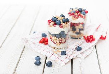 Vanilla Yoghurt Parfait Served with Fresh Blueberries and Red Currants