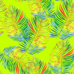 Palm neon color pattern tropical background seamless. Watercolour paint exotic foliage palm leaves green yellow color trendy repeating. Exotic floral pattern watercolor illustration.