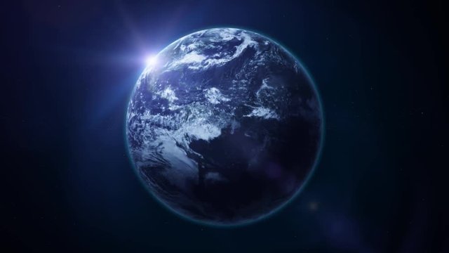 Beautiful HD Earth Planet Rotation Loop/
Animation of a realistic earth planet surface rotating 24h with cloudscape motion and lens flare effect