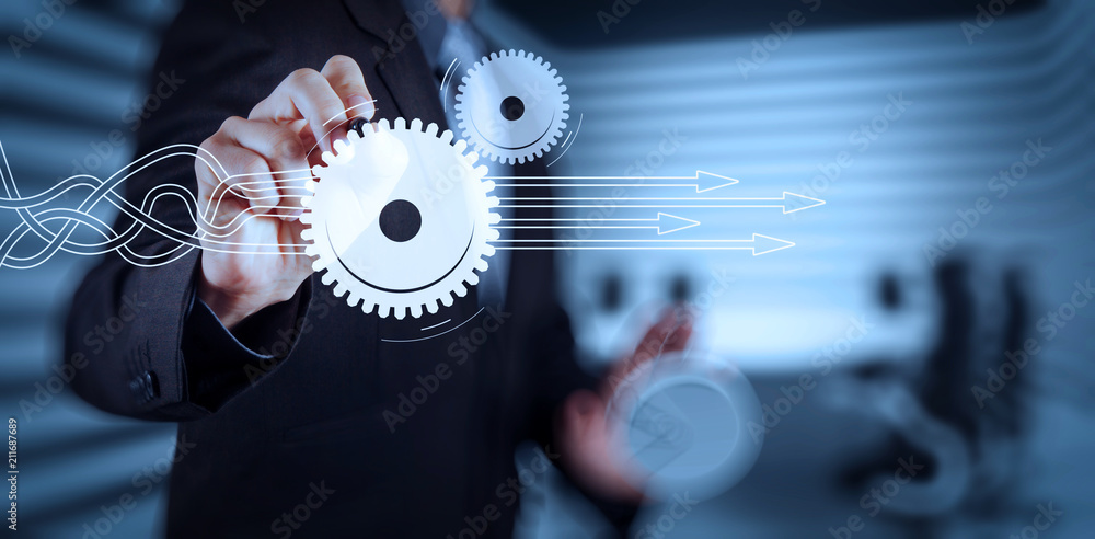 Poster businessman hand pressing an imaginary button on virtual screen