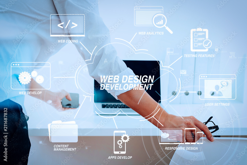 Poster Big data analytics with business intelligence (BI) concept.Businessman working in modern office
