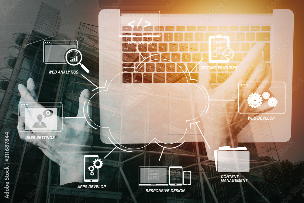 Poster cyber security internet and networking concept.Businessman hand working with VR screen padlock icon mobile phone on laptop computer background with buildings exposure
