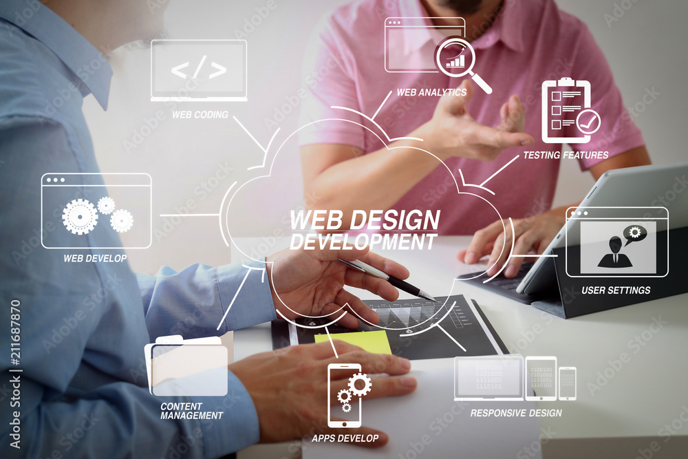 Poster Businessmen working together on a document and using smart phone and digital tablet and laptop computer in modern office