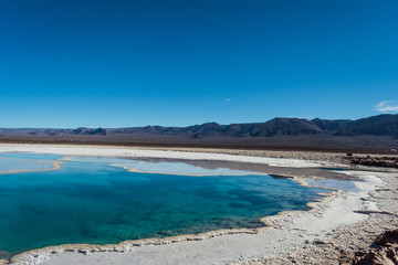 Lagunas Escondidas de Baltinache, amazing blue salty water. Atacama desert. Chile