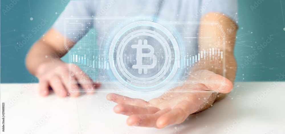 Poster man holding a technology bitcoin icon on a circle 3d rendering