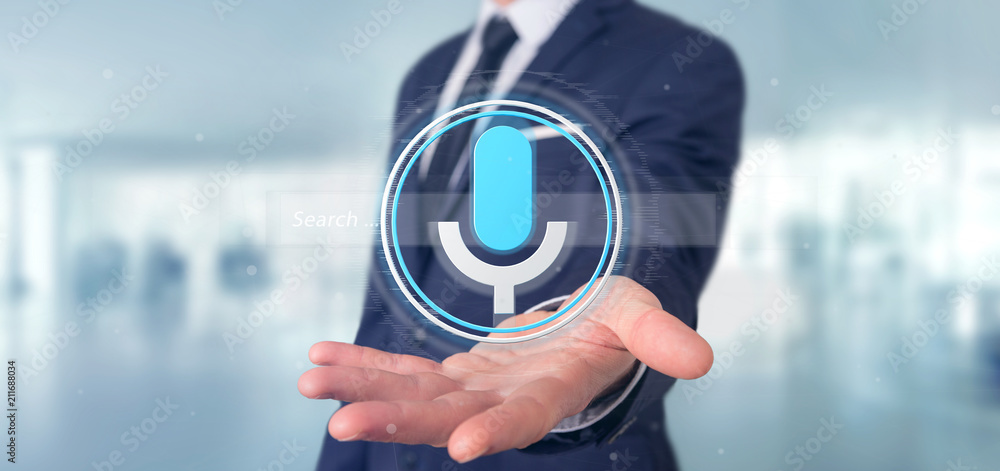 Poster businessman holding a vocal search system with button and icon3d rendering