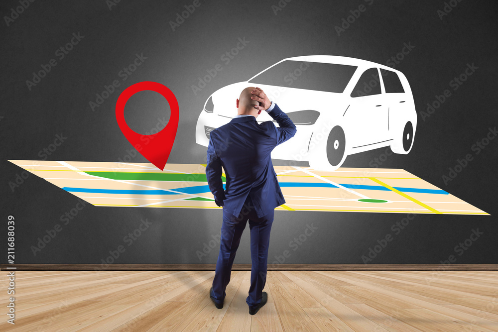 Poster businessman in front of a wall with a car on a map with a pin holder - gps and localization concept