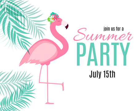 Abstract Summer Party Background With Palm Leaves And Flamingo. Vector Illustration