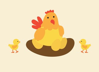 mother hen and baby chicks vector illustration